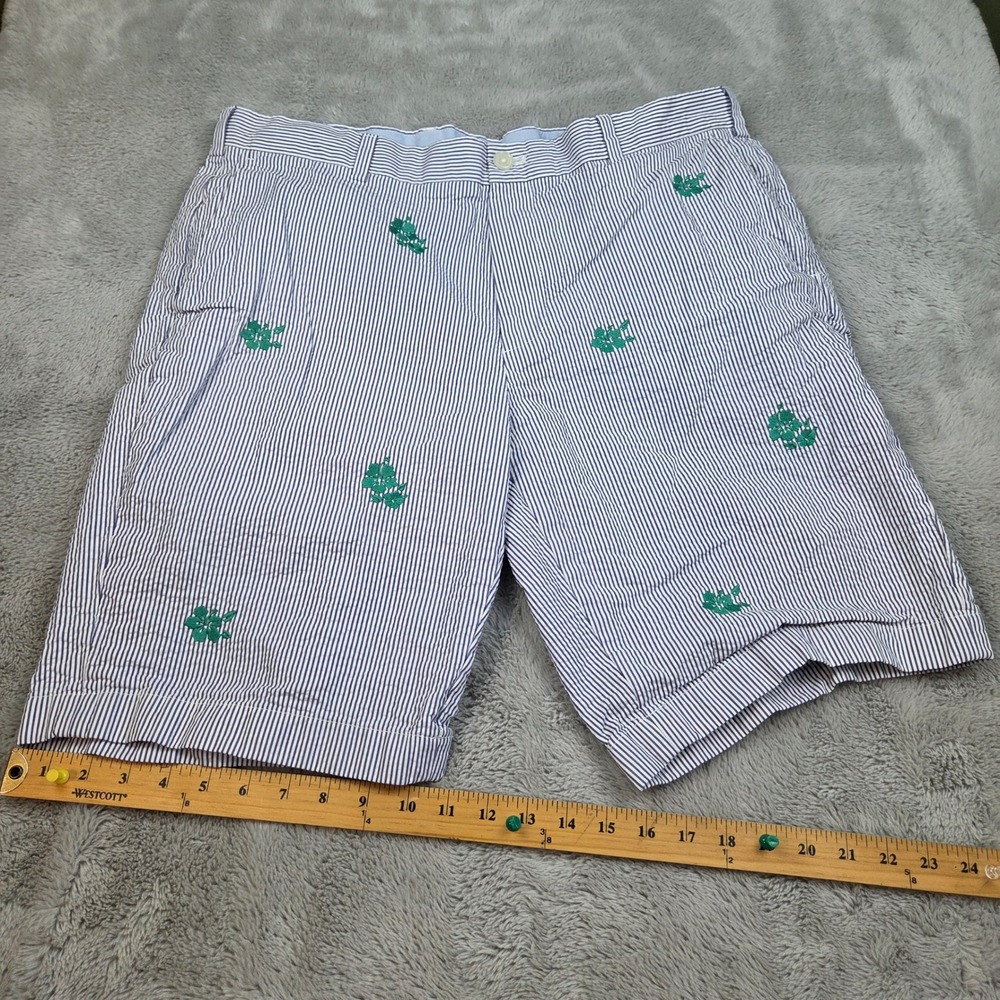 Brooks Brothers Seersucker Shorts Mens W38 Embroidered Hibiscus Blue White Strip